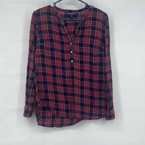 Gap factory red blue plaid cotton 1/2 button flowy top